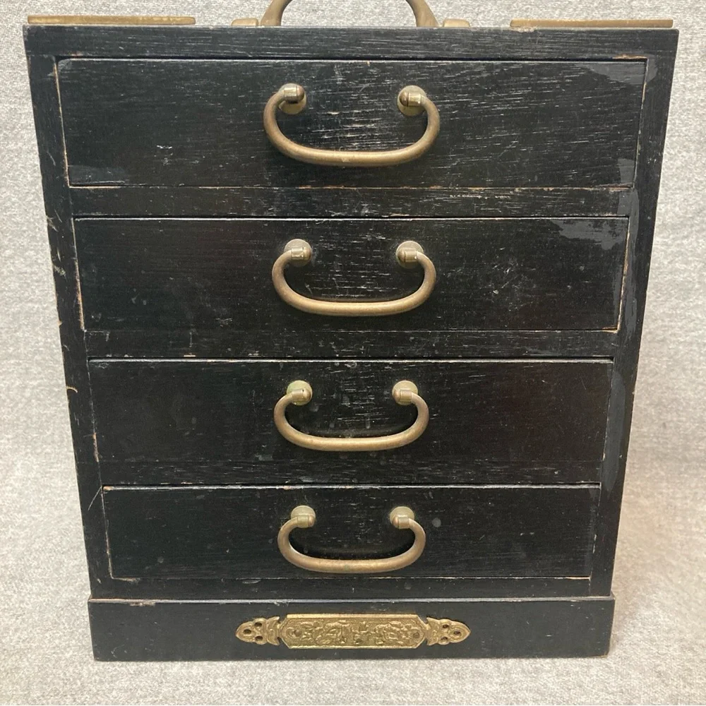 Vintage Japanese Tansu Jewelry Chest Box 4 Lined Drawers Antique Brass Hardware